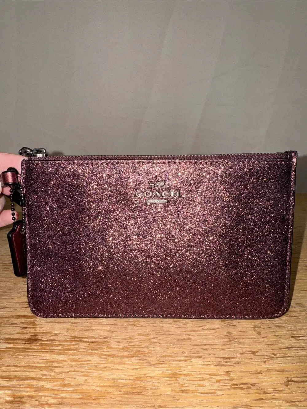 NWT Coach Glitter Small Wristlet Metallic Cherry Zip Pouch Clutch Wallet F64585